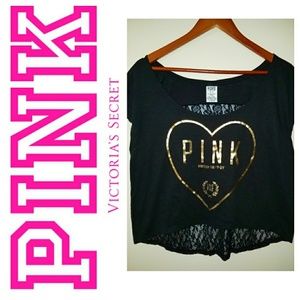 PINK VS Gold Logo Lace Back High Low Top Sz Med